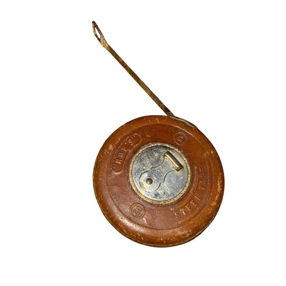 Lufkin Vintage 50 ft‎ Reel-Style Tape Measure Brown Round Case STEEL tape rare